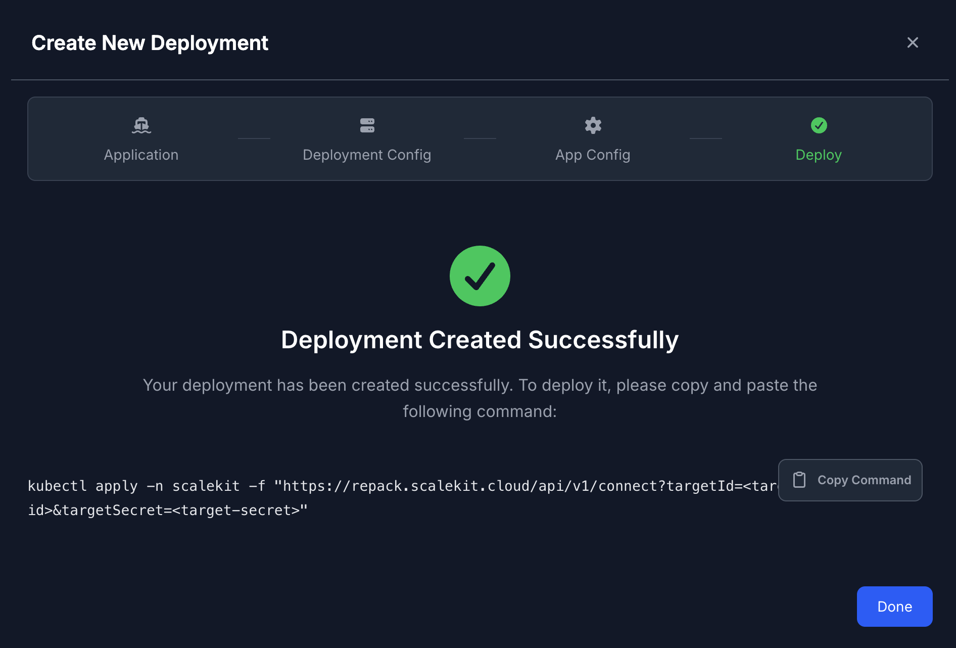Deployment created successfully — copy the kubectl command