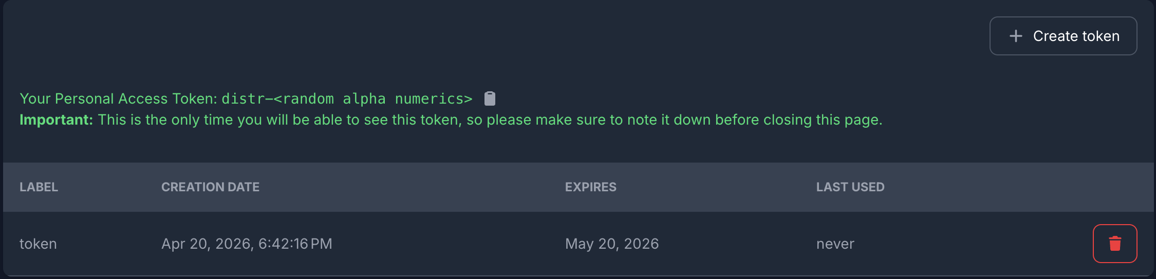 Token displayed after creation — copy it now